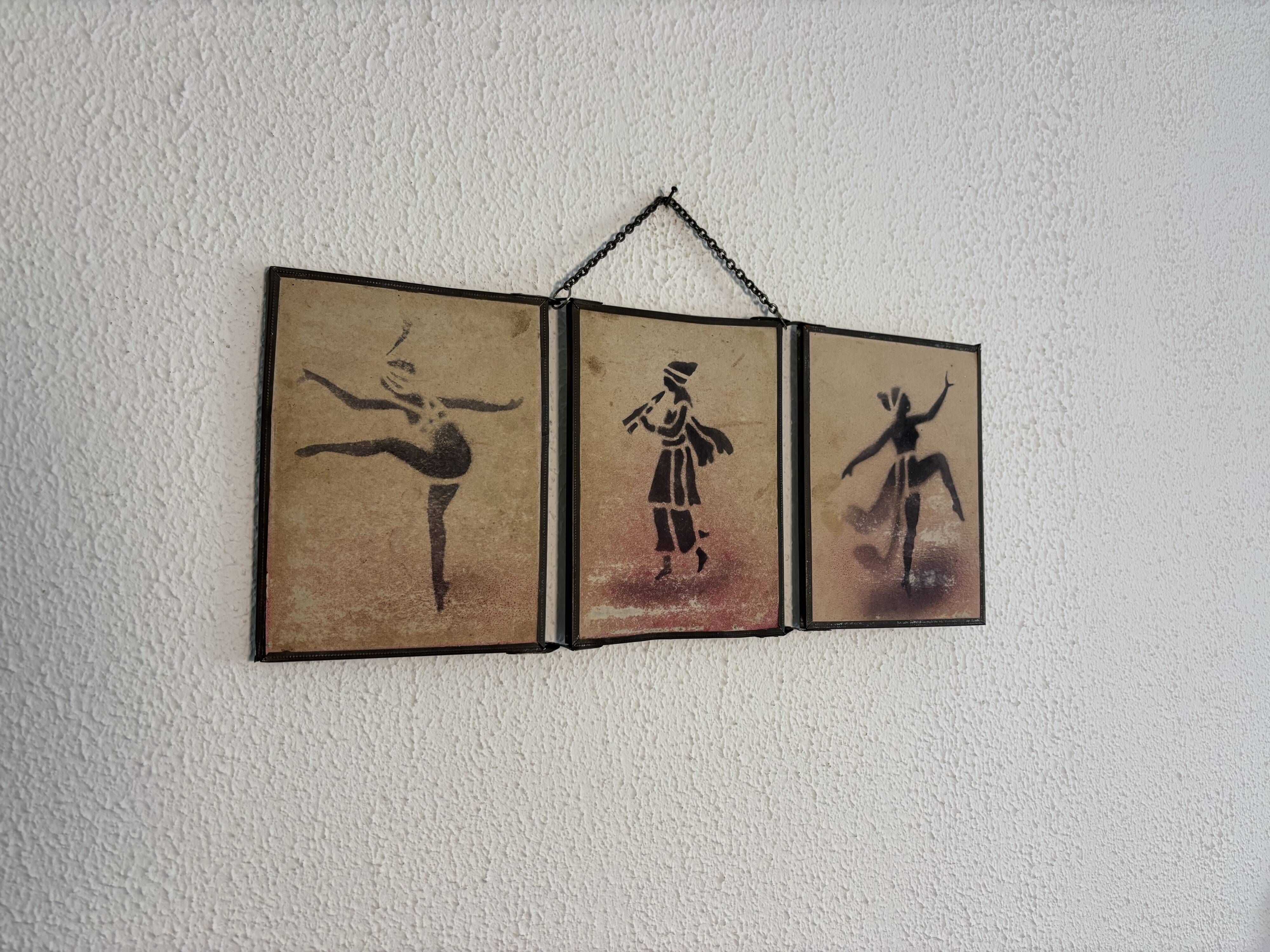 Vintage 1930 triptych mirror barber hairdresser young dancer woman - 19 x