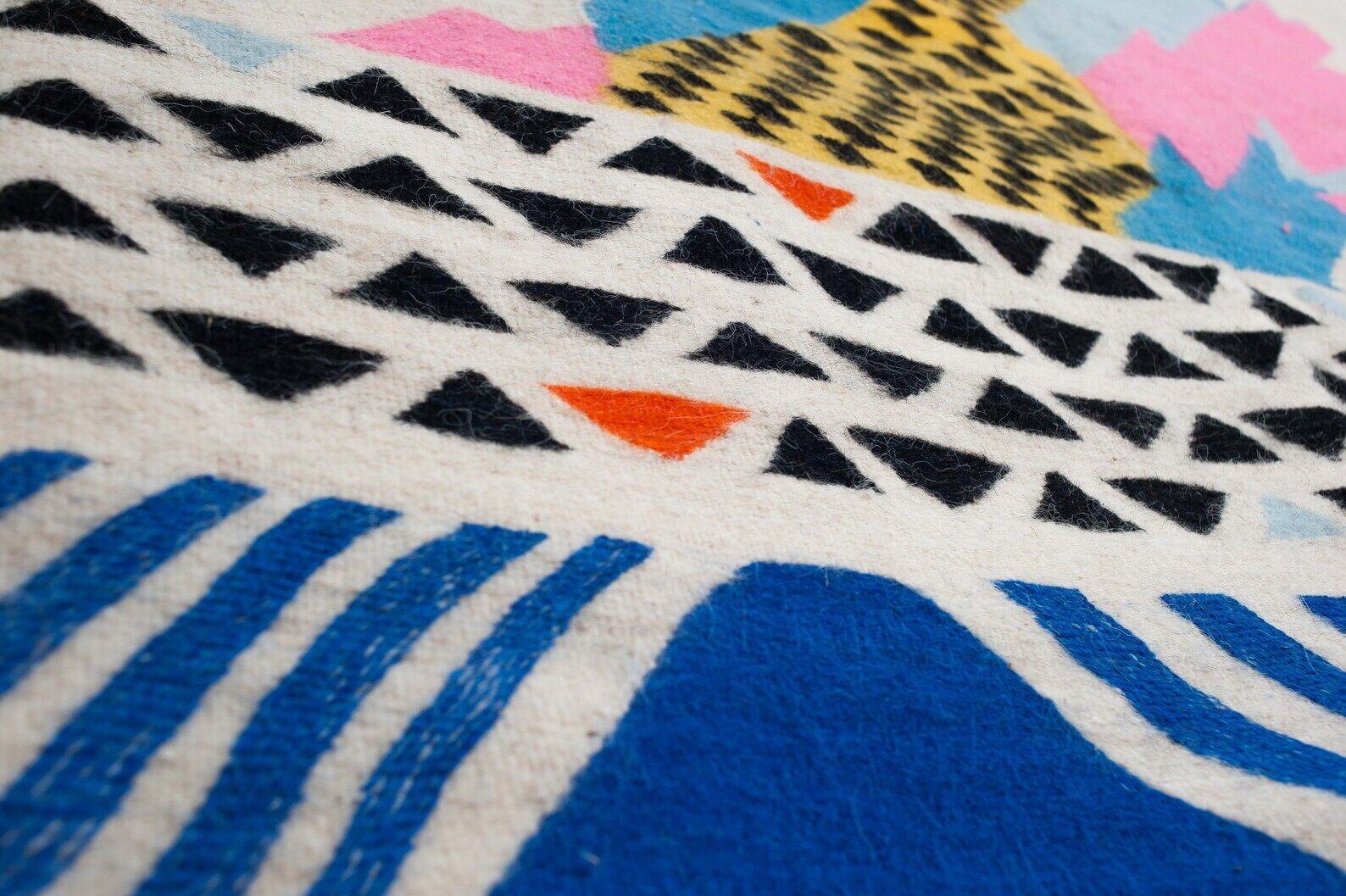 Handmade carpet, contemporary for living room, white & colors, wool, Khalil Minka, 220x140 cm