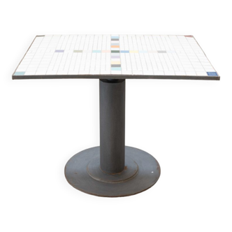 Table with tile mosaic top, simple flat central leg, round iron, 1950