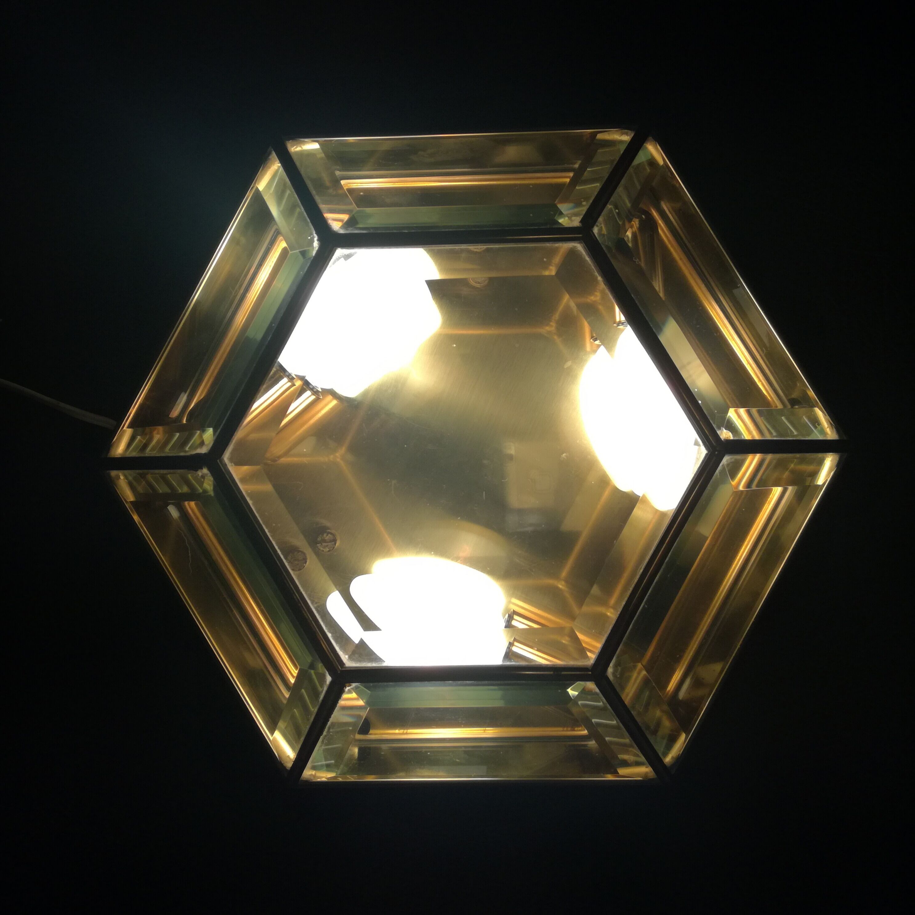 Hexagonal brass and bevelled glass ceiling light