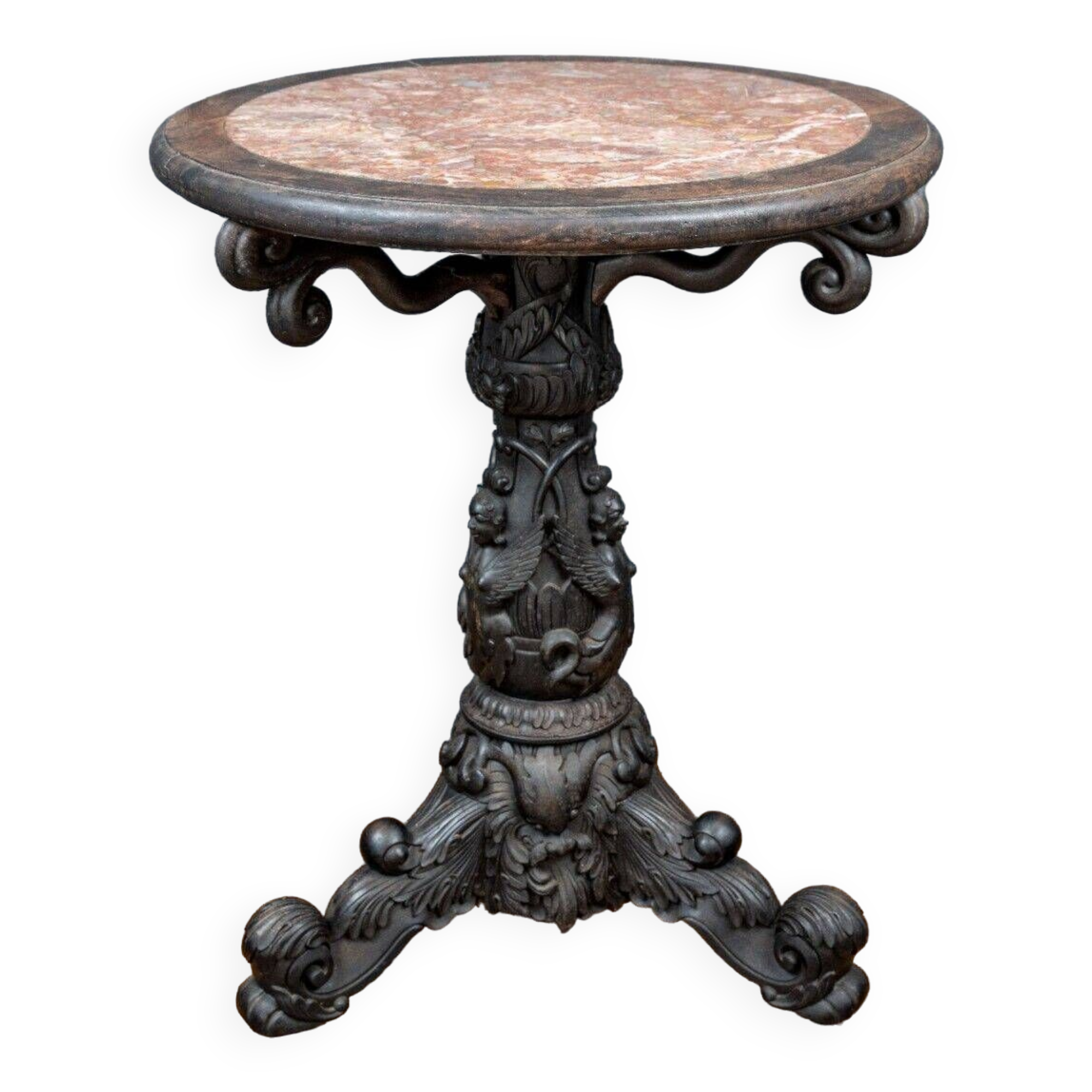 Indochina ironwood pedestal table decor winged character marble top 19th century