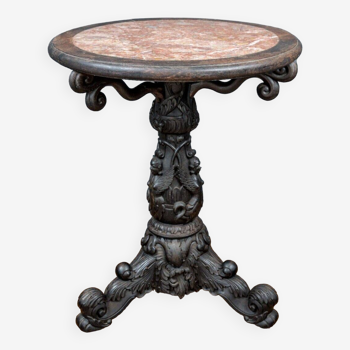 Indochina ironwood pedestal table decor winged character marble top 19th century