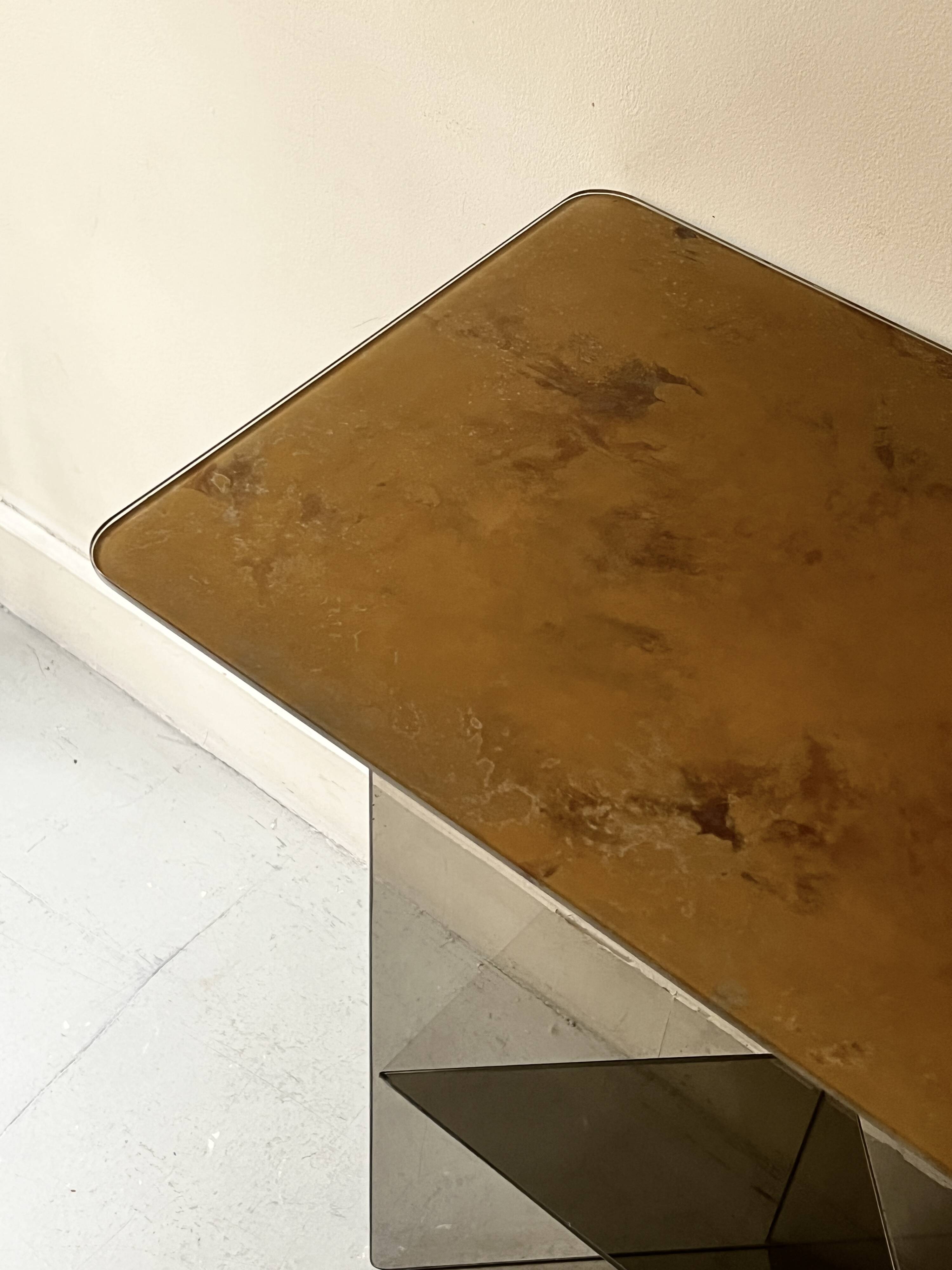 Vintage console in smoked glass and textured organic brown, 70s design.