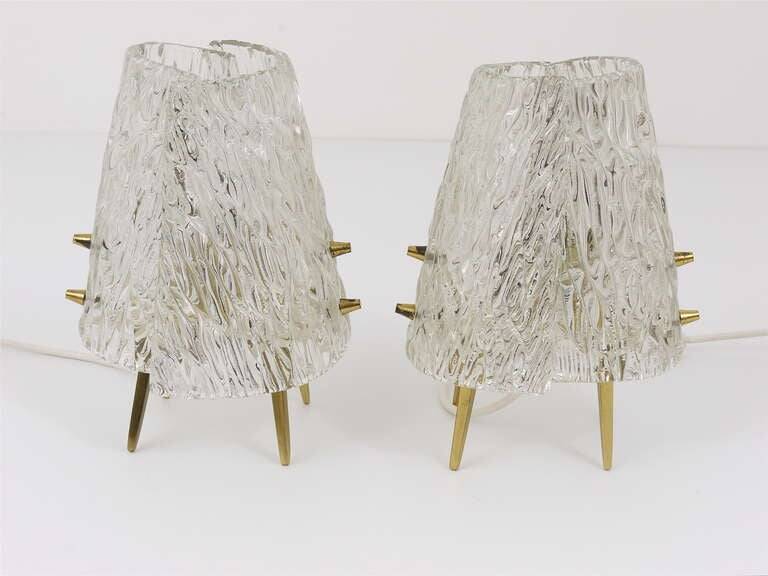 Pair of mid-century brass and textured glass table lamps, Austria, 1950s