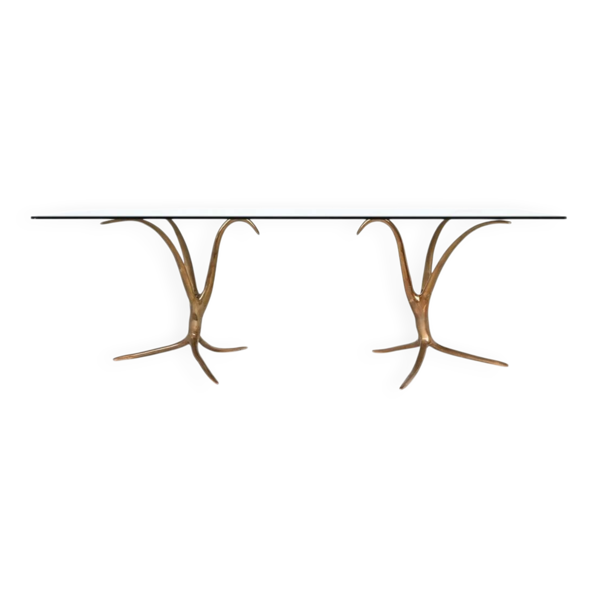Unique sculptural dining table in bronze and glass, Belgium 1970.