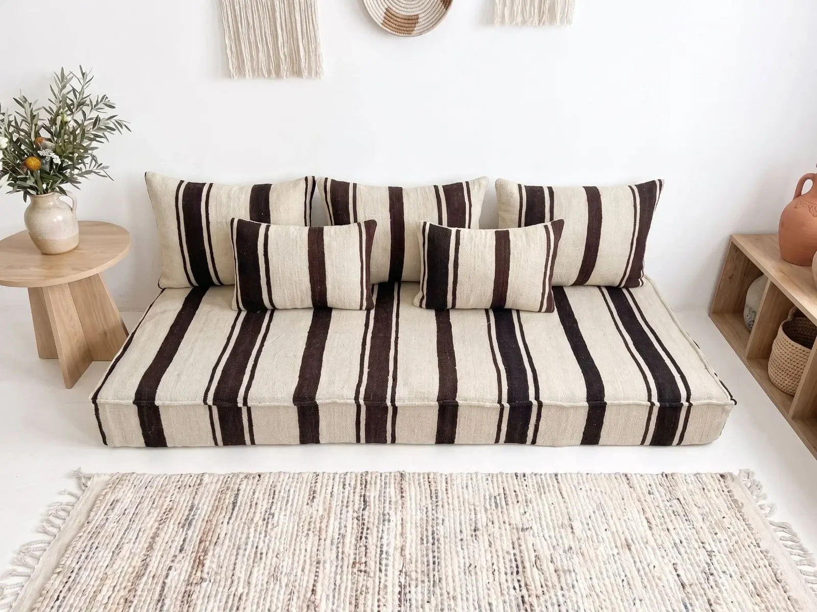 Brown striped kilim floor cushion – handwoven wool, cream base