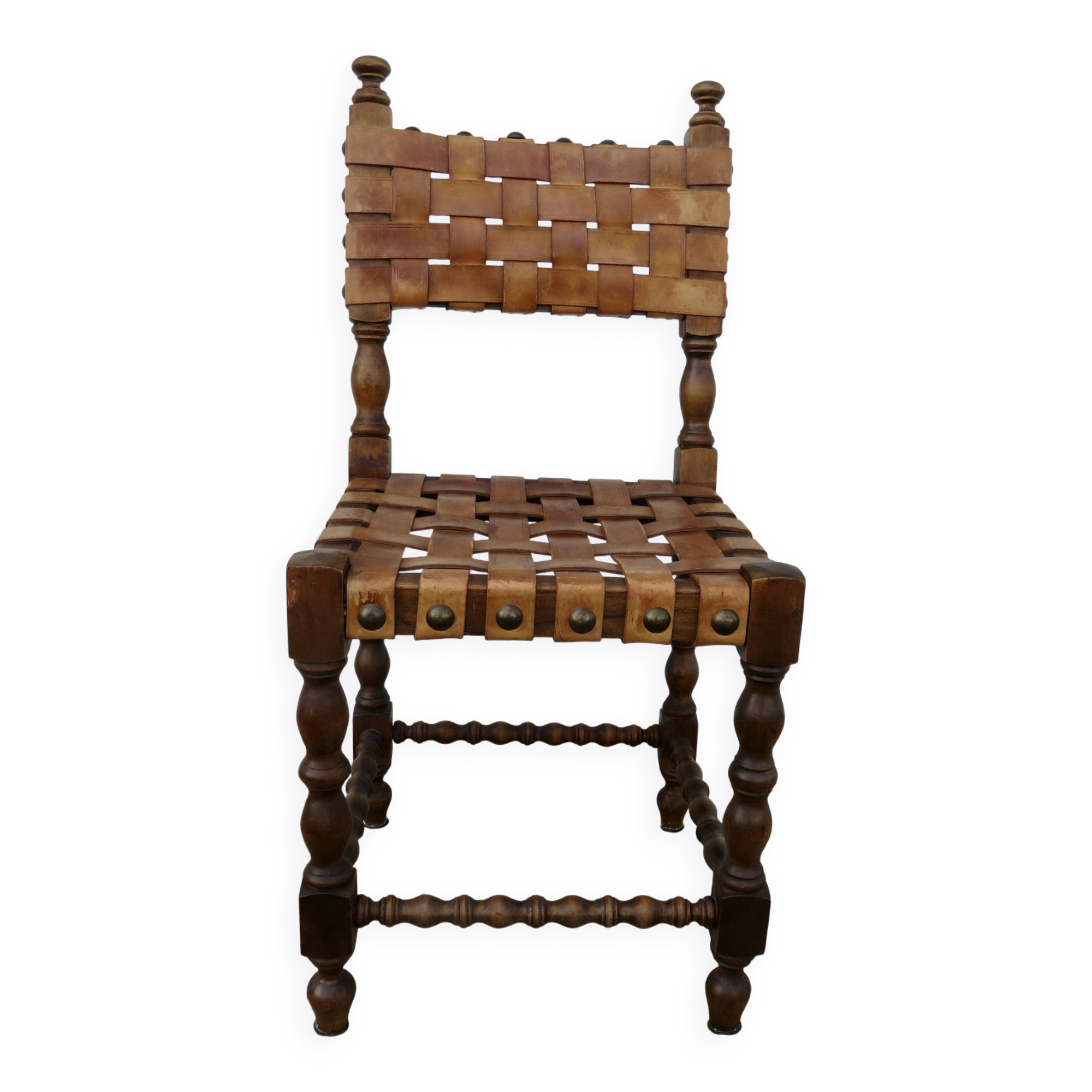 Spanish chair in oak with thick cognac leather straps, 1940s.