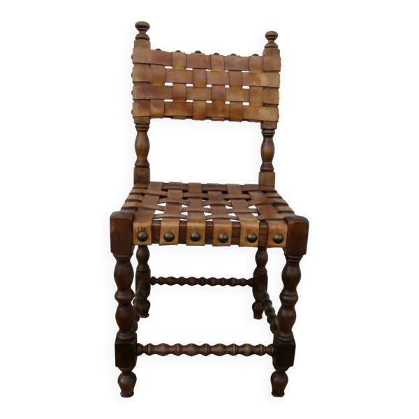 Chaise espagnole en chêne et bandes de cuir épais couleur cognac, années 40