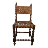 Chaise espagnole en chêne et bandes de cuir épais couleur cognac, années 40