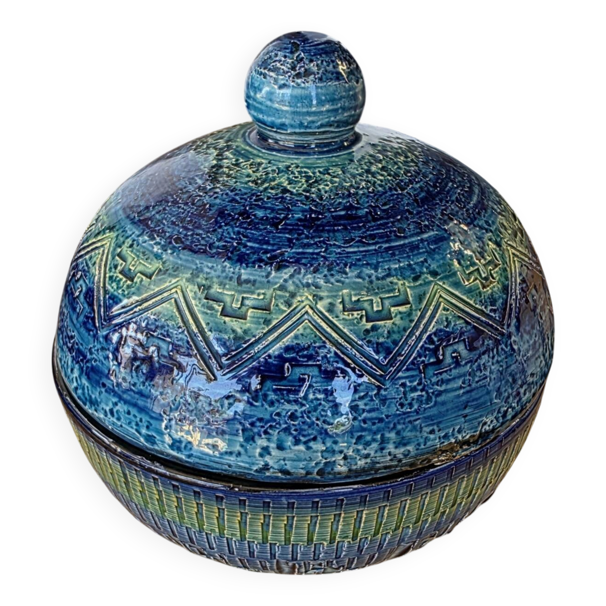 Vintage ceramic bonbonnière in Bitossi Rimini Blue style.