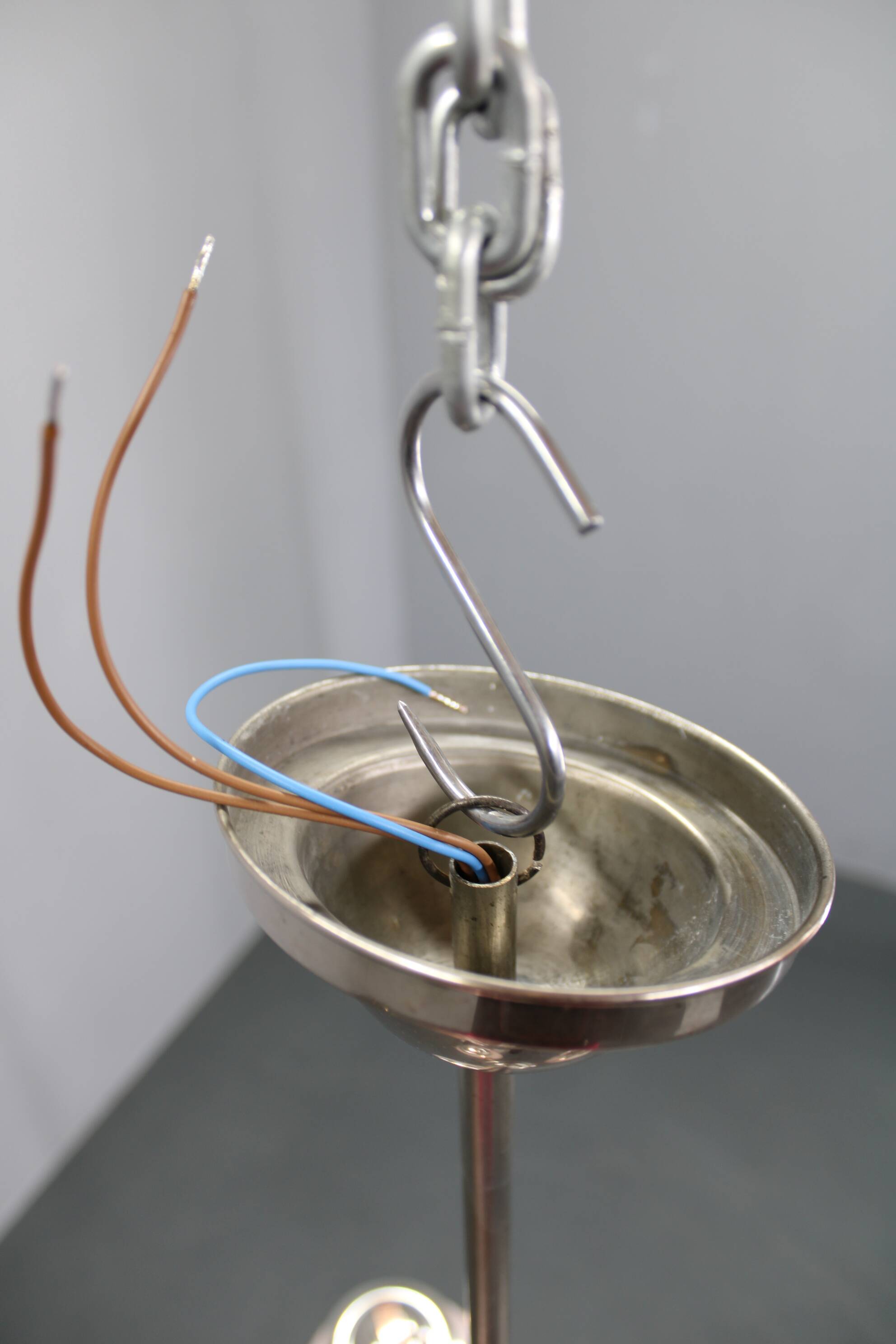 1930s Czechoslovak Art Deco nickel chandelier with rose opaline glass globes