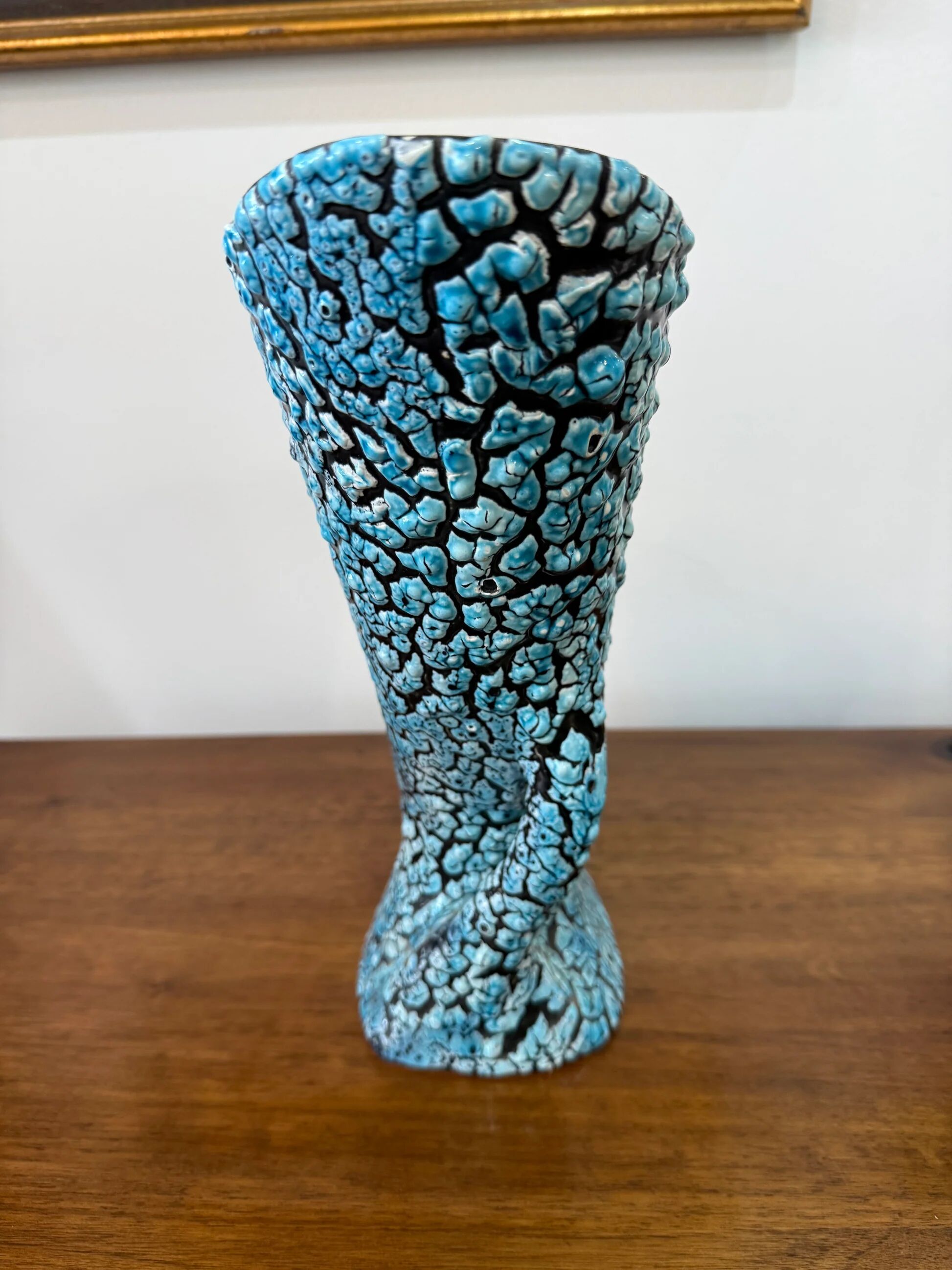 Large sculptural ceramic vase with textured turquoise blue and black glaze – Double horn – H. 31 cm
