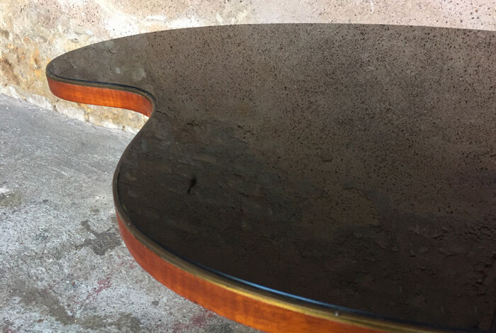 Coffee table bean shiny black glass top wood feet