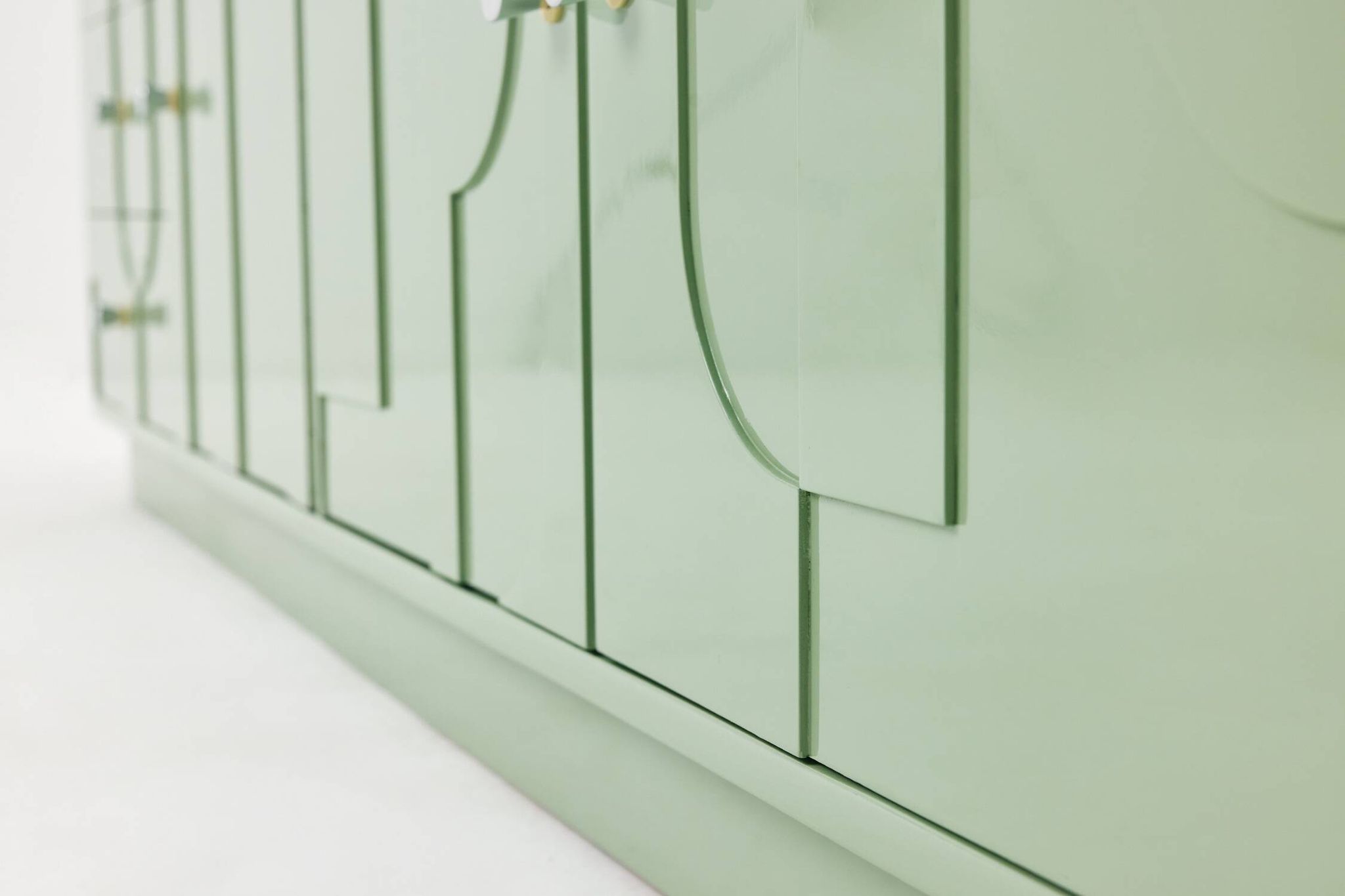 1970s Vintage Sideboard, Pastel Green, Relief, High-Gloss Finish, Chrome