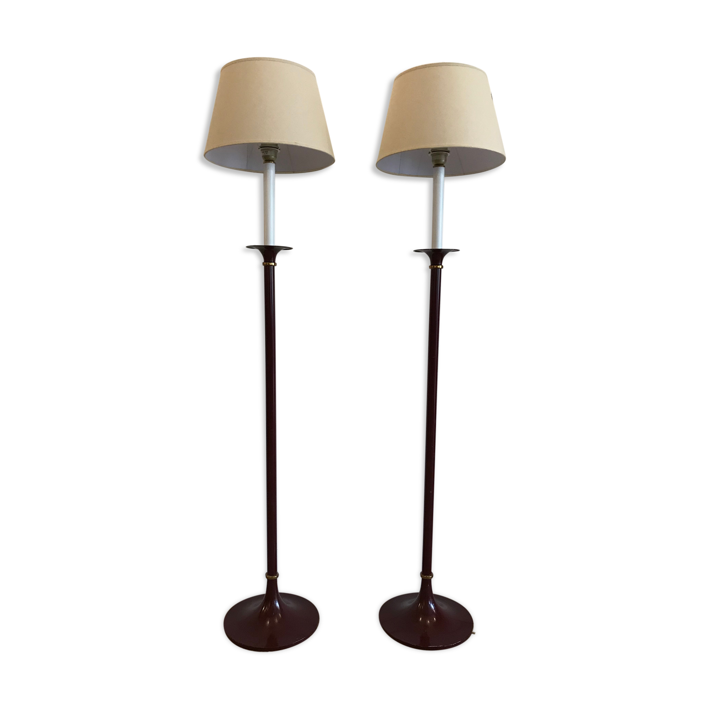 Pair of red enamelled metal floor lamps