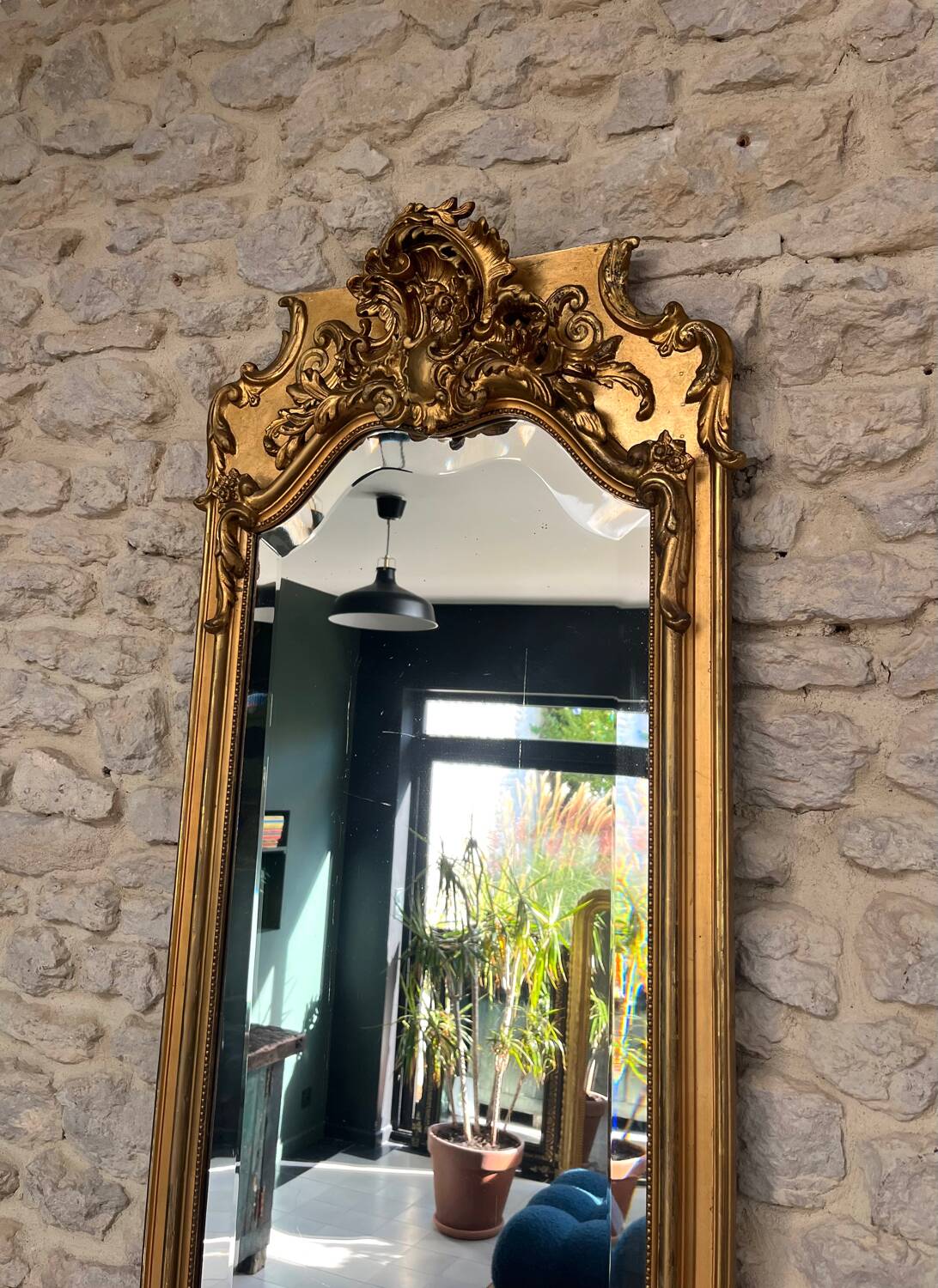 Antique mirror, 238.5/51cm, between two panes, with gilded pediments and gold leaf