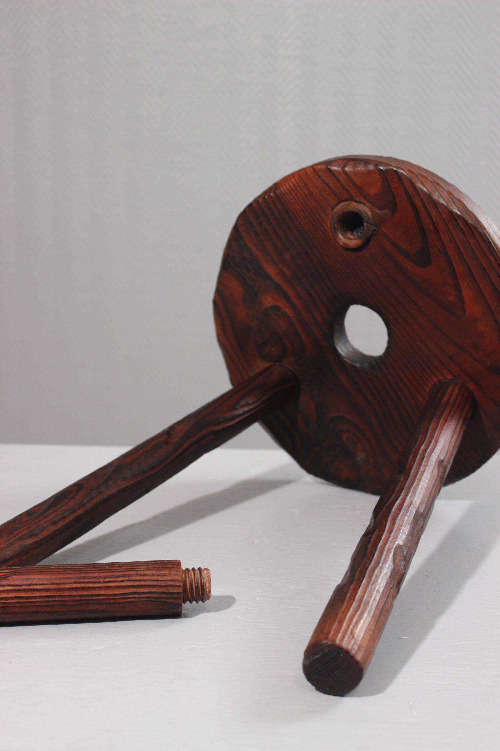 Brutalist tripod stool, solid pine, 1950s