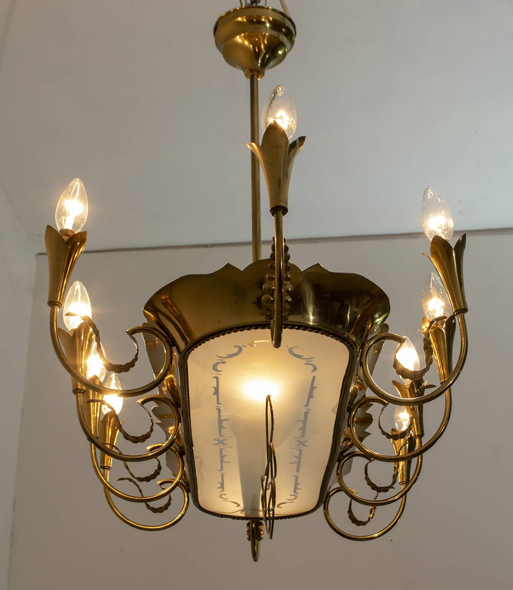After Pietro Chiesa Italian Brass 12 Lights Candelier Fontana Arte