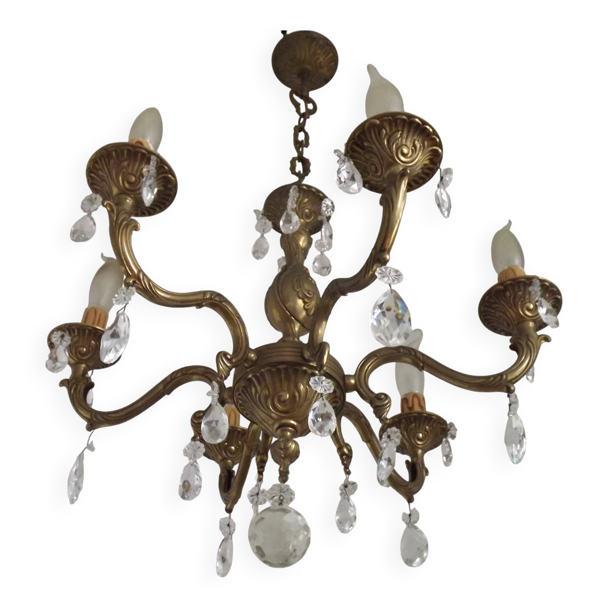 French Mid-Century Bronze 6-Light Chandelier with Crystal Droplets 5491