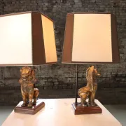 Pair of table lamps with gilt bronze Singha lions – Thailand, 1970s