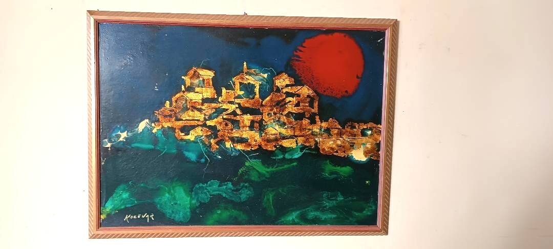 Abstract painting - gold leaf and enamel - Enzo Kocevar 1970s