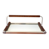 plateau miroir en bois et métal art déco avec anse années 30