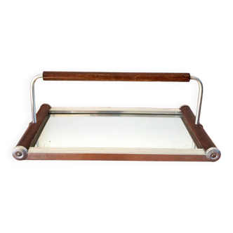 art deco wood and metal mirror tray with handle 1930s