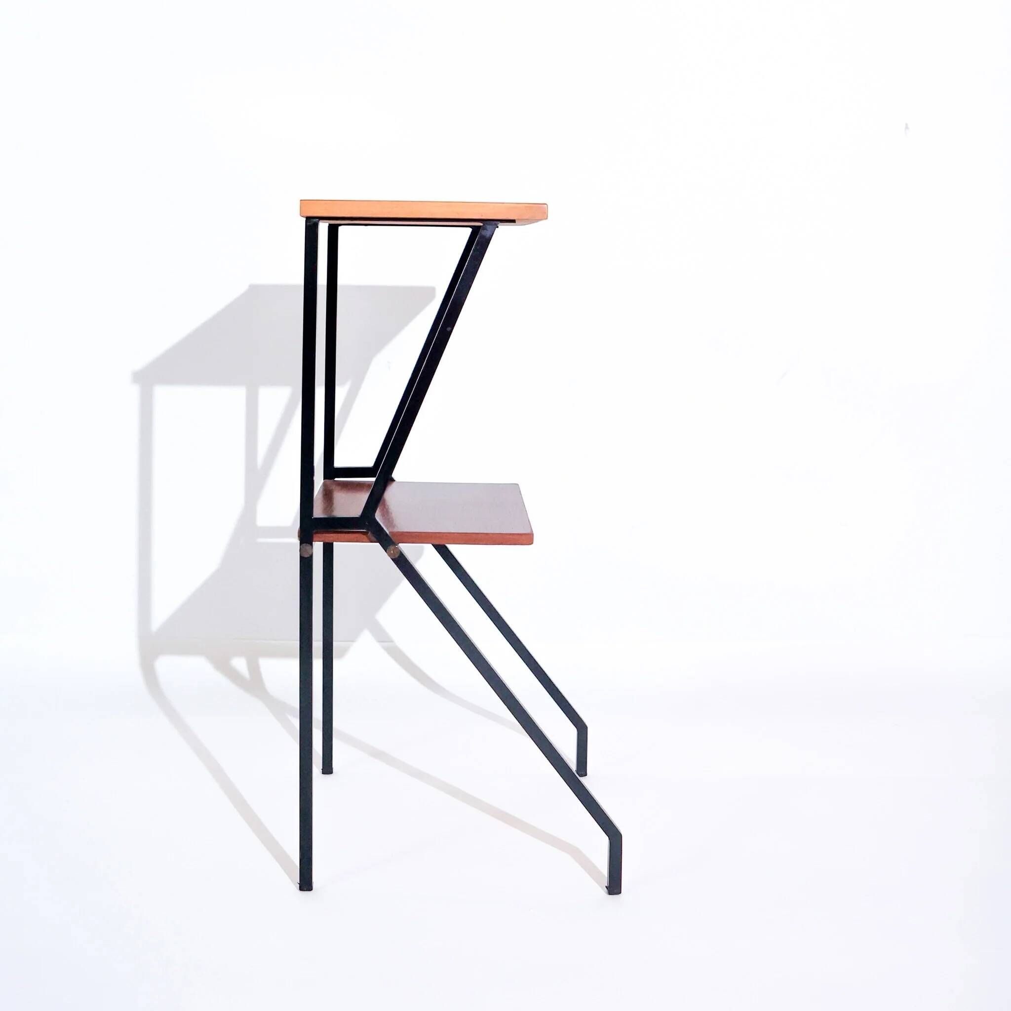 Mid-century modern Italian telephone side table with two levels, wood and black metal structure, 1960s.