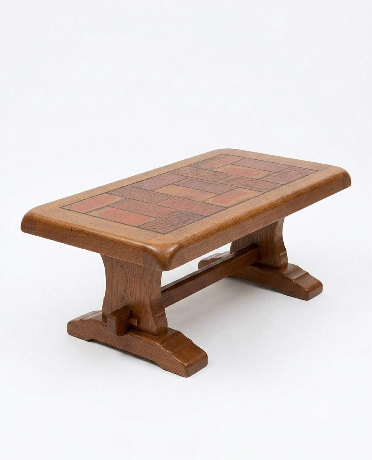 Brutalist coffee table in solid oak and ceramic – 1970