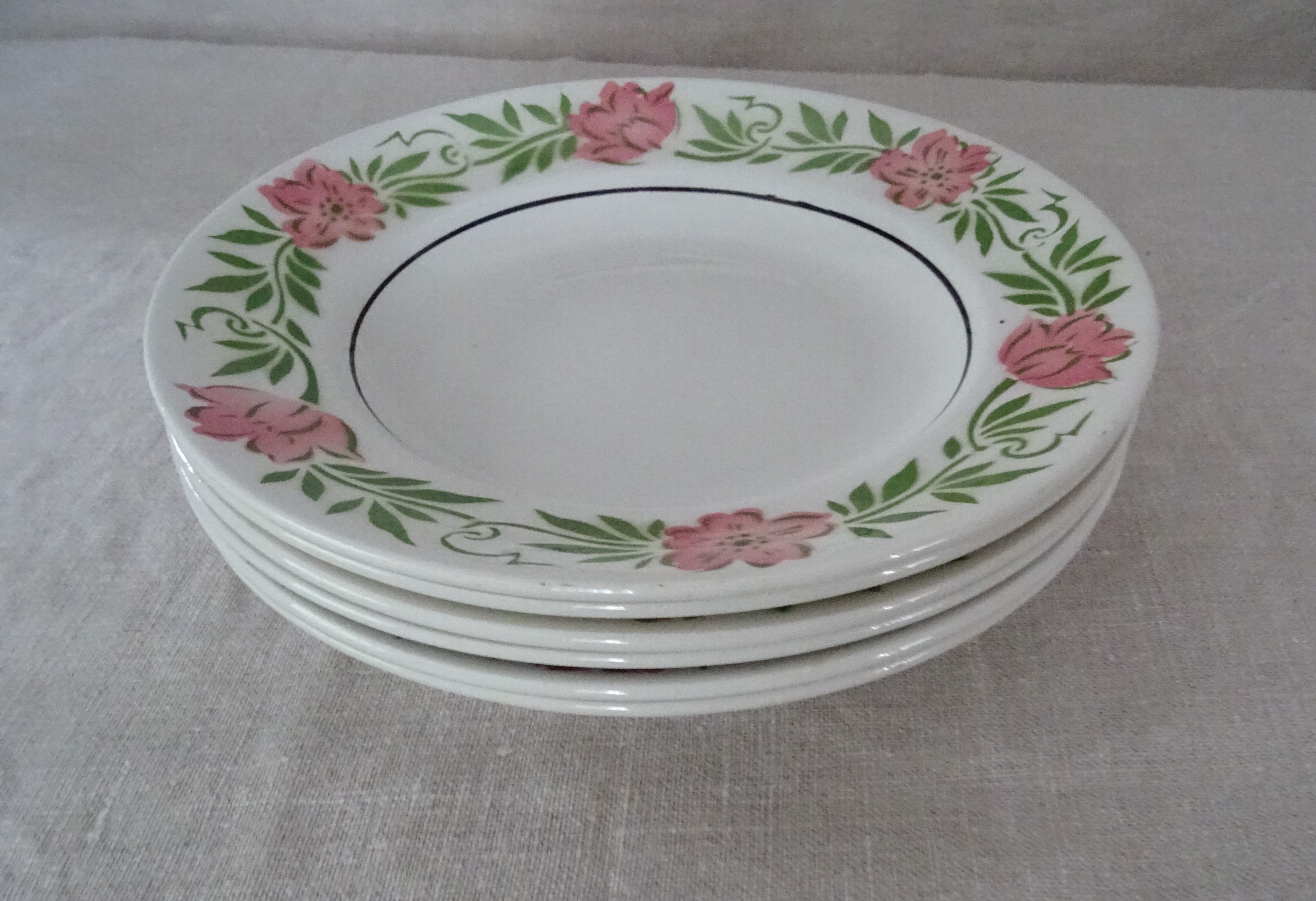 6 Plates wolf mill decoration flowers pink and green faience old