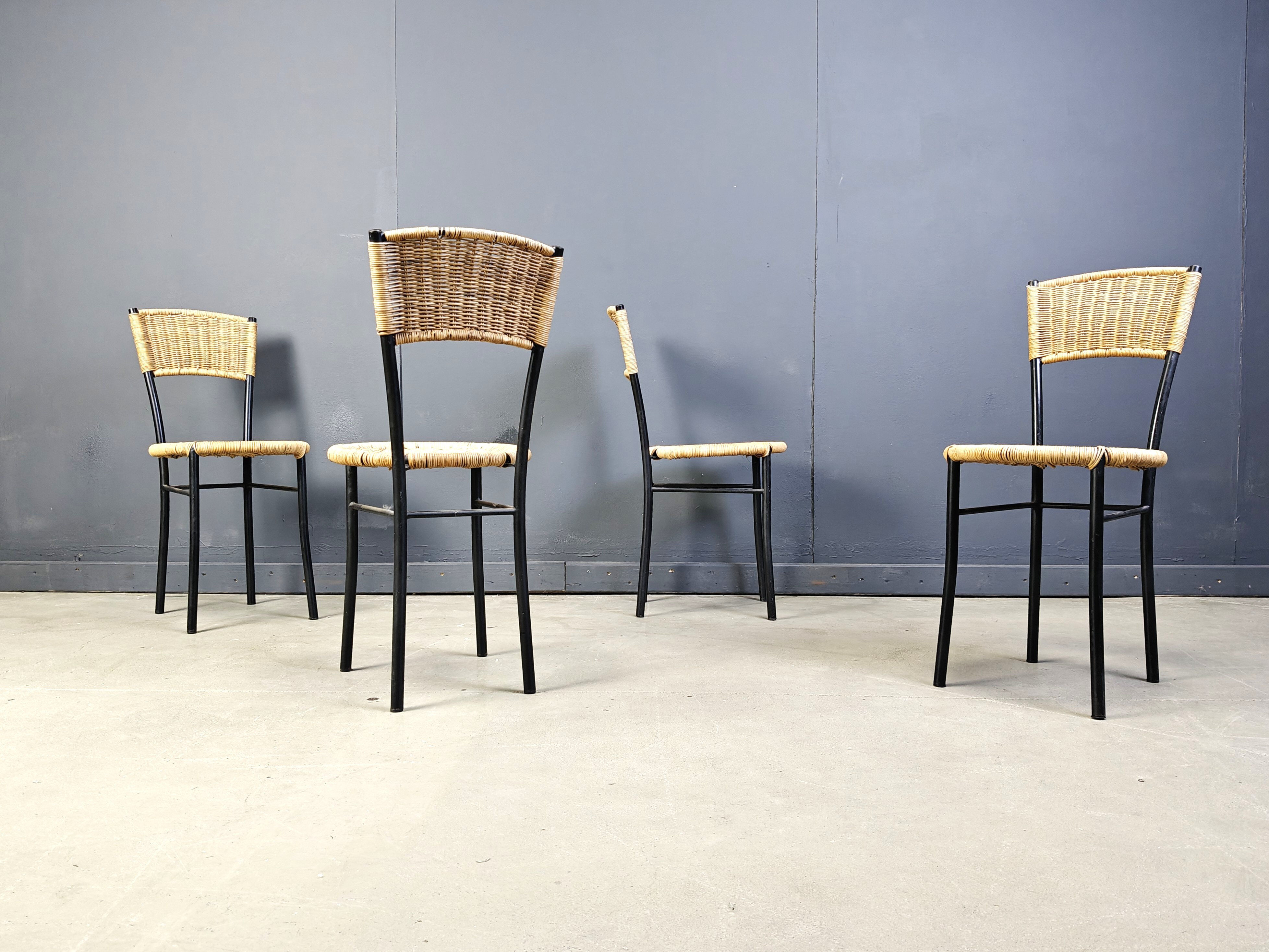 Wicker and metal dining chairs, 1980s - set of 4