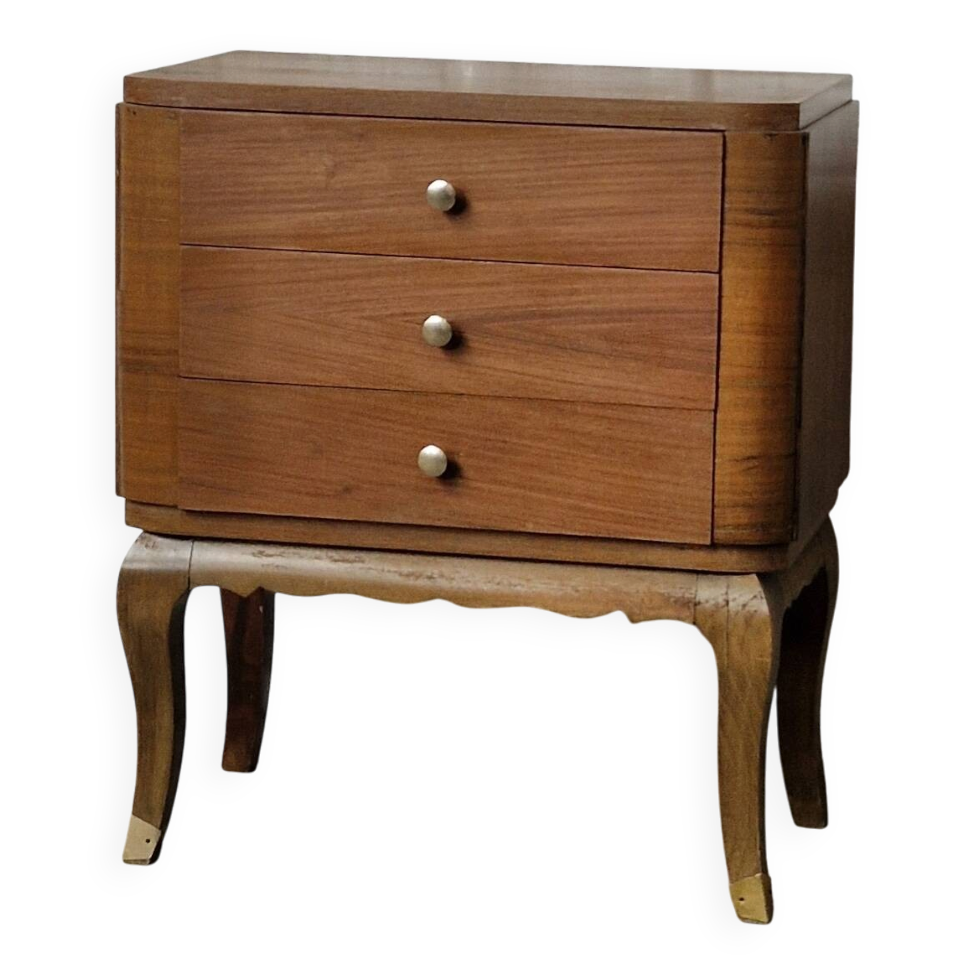 Small vintage Art Deco piece with 3 drawers, curved legs and caps.