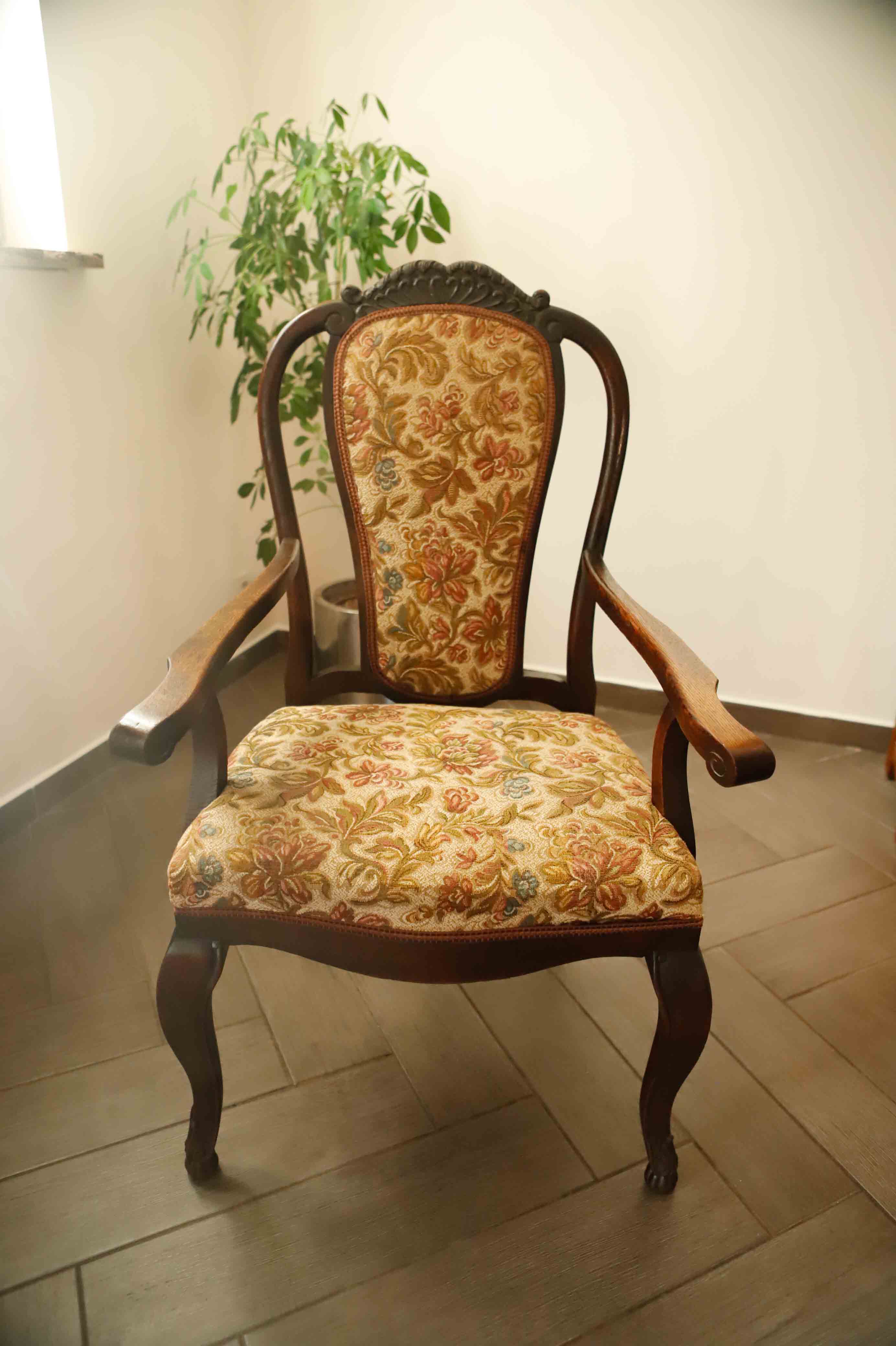 Antique Queen Anne Revival Carver Armchair with Floral Tapestry Upholstery