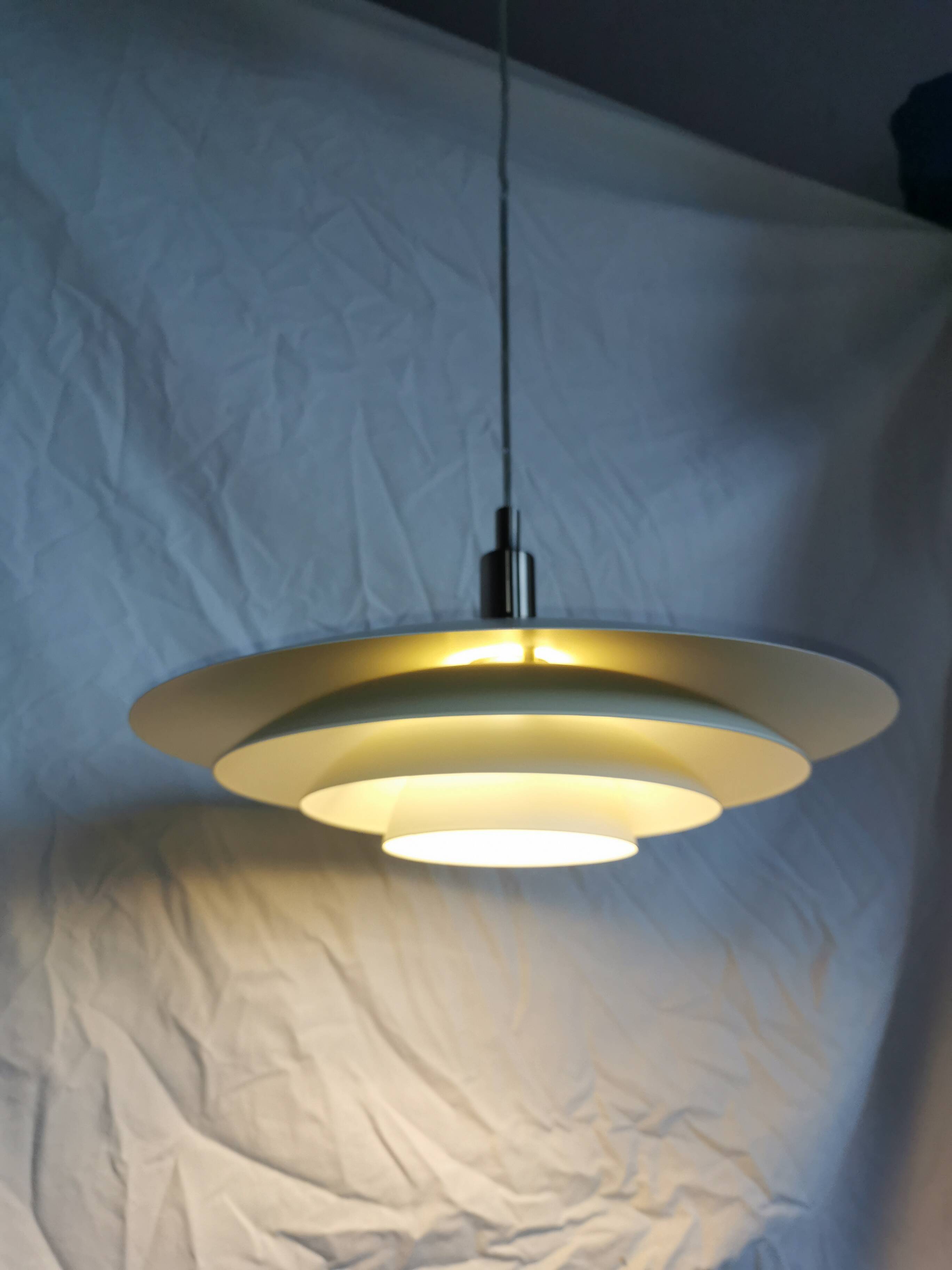 White pendant light, Scandinavian, space age, Poulsen style, 1990.