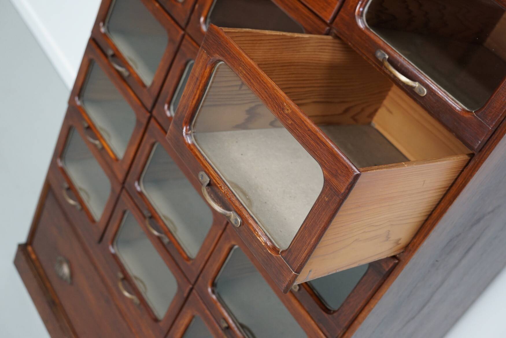 English Haberdashery Shop Cabinet with Glass Fronted Drawers, Circa 1930s