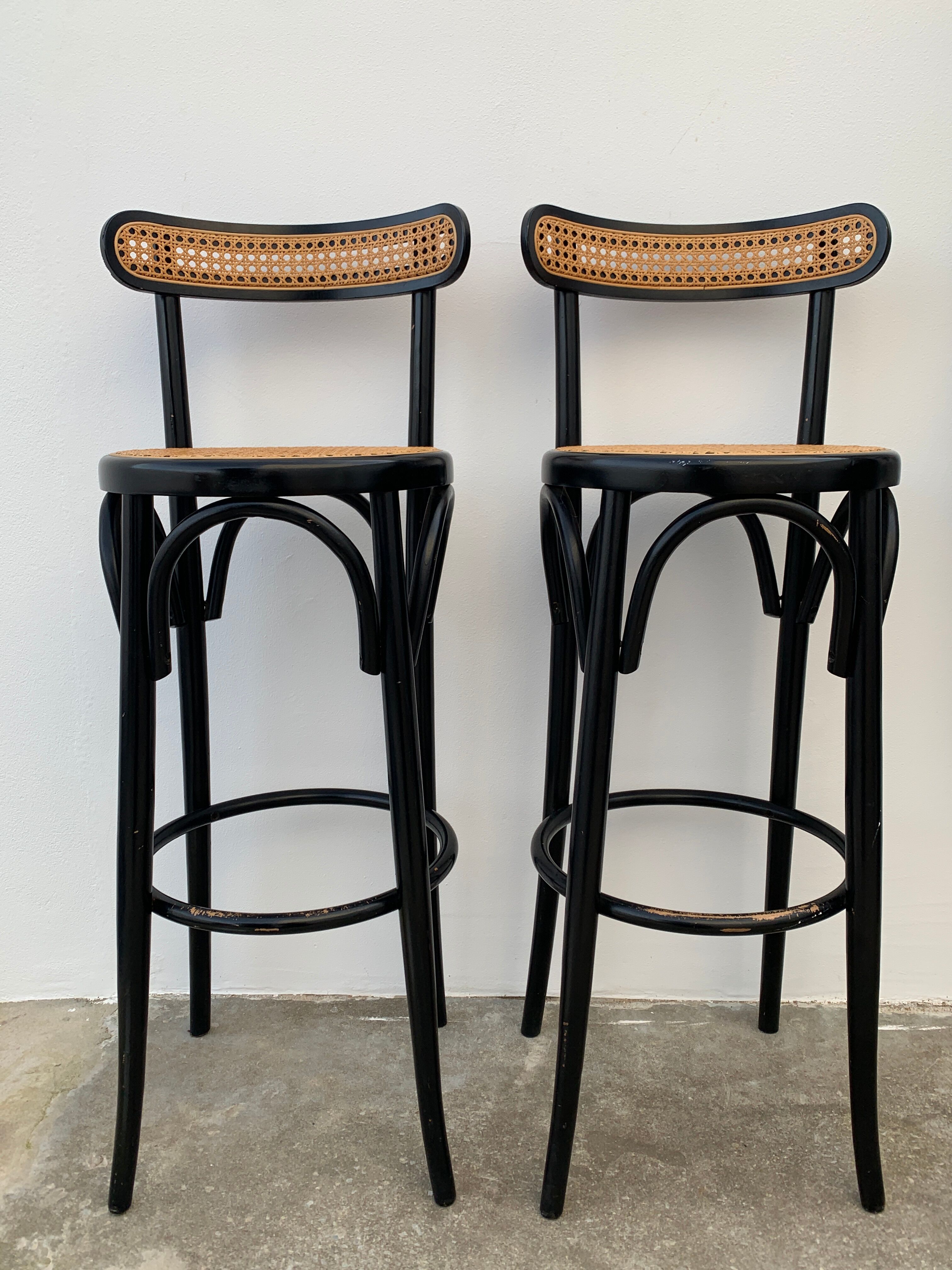 Pair of high canne stools or black curved wooden bar chairs, 1970