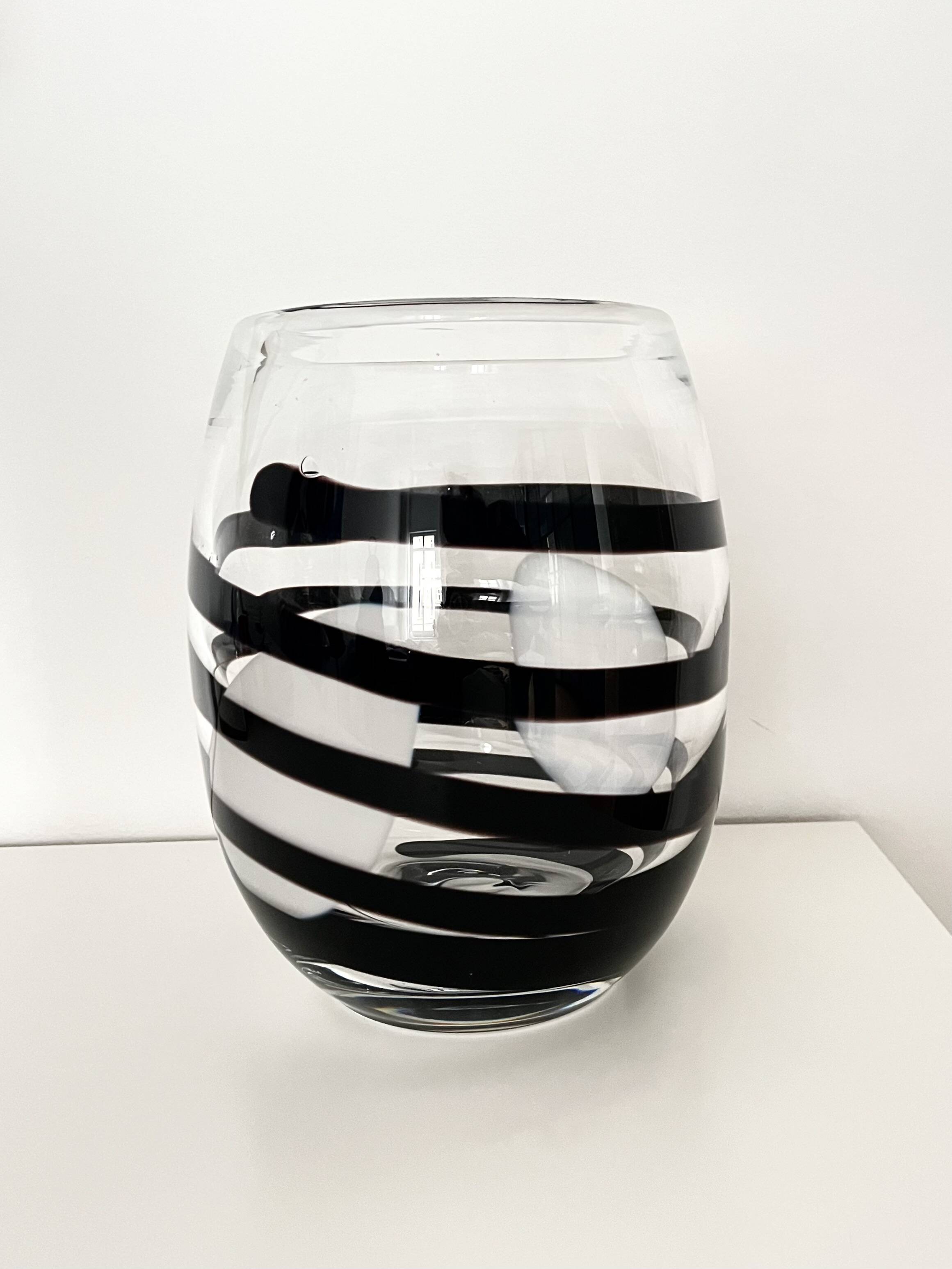 Vintage Kosta Boda Clear & Black Swirl Striped Art Vase, Sweden, 1990s