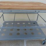 Metallic trolley with wheels, 3 levels with wooden top.