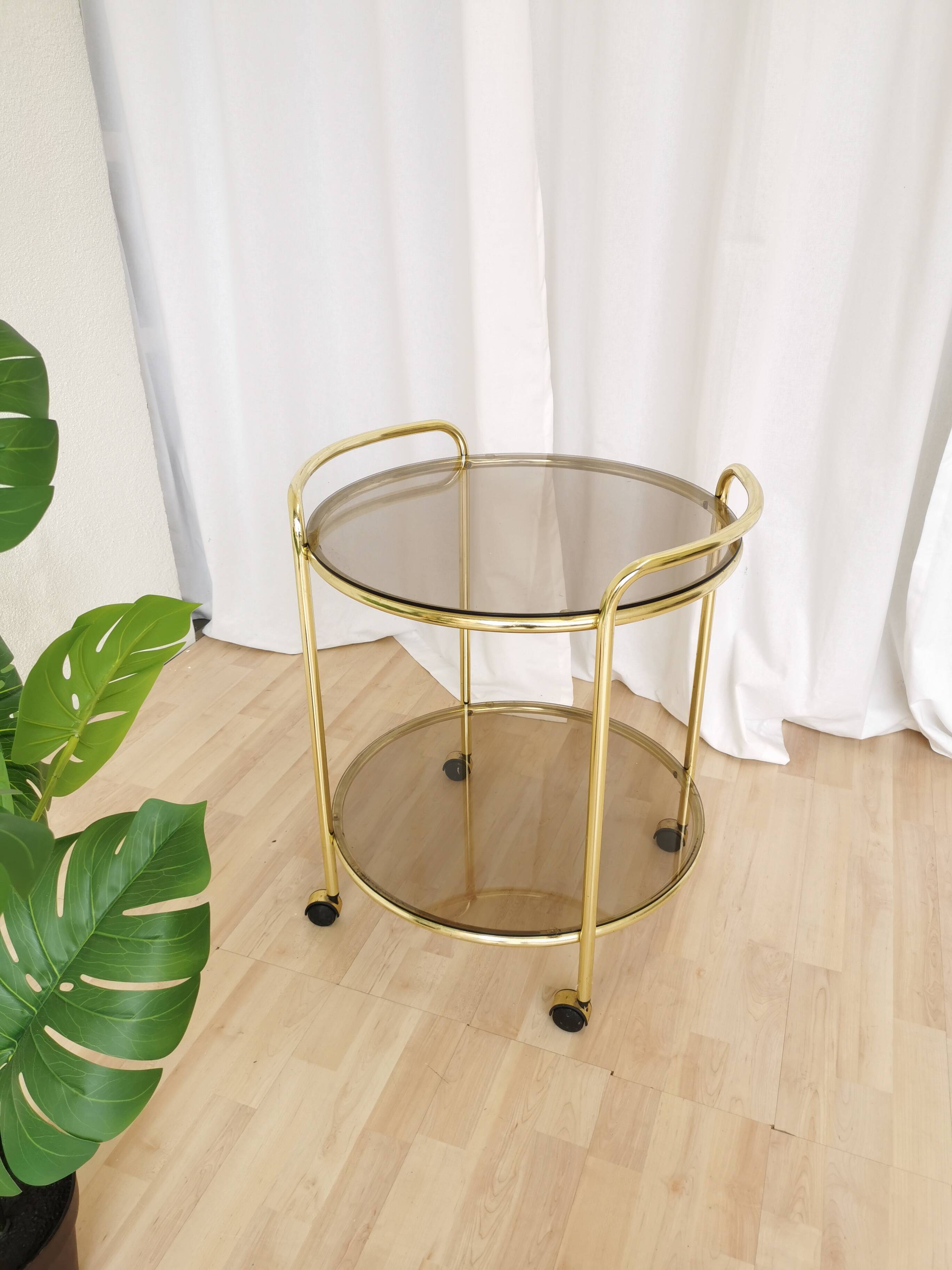 Vintage Smoked Glass Serving Trolley: 1970s Mid-Century Modern Bar Cart