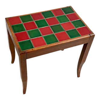 Vintage rectangular wooden side table with a red & green tile top