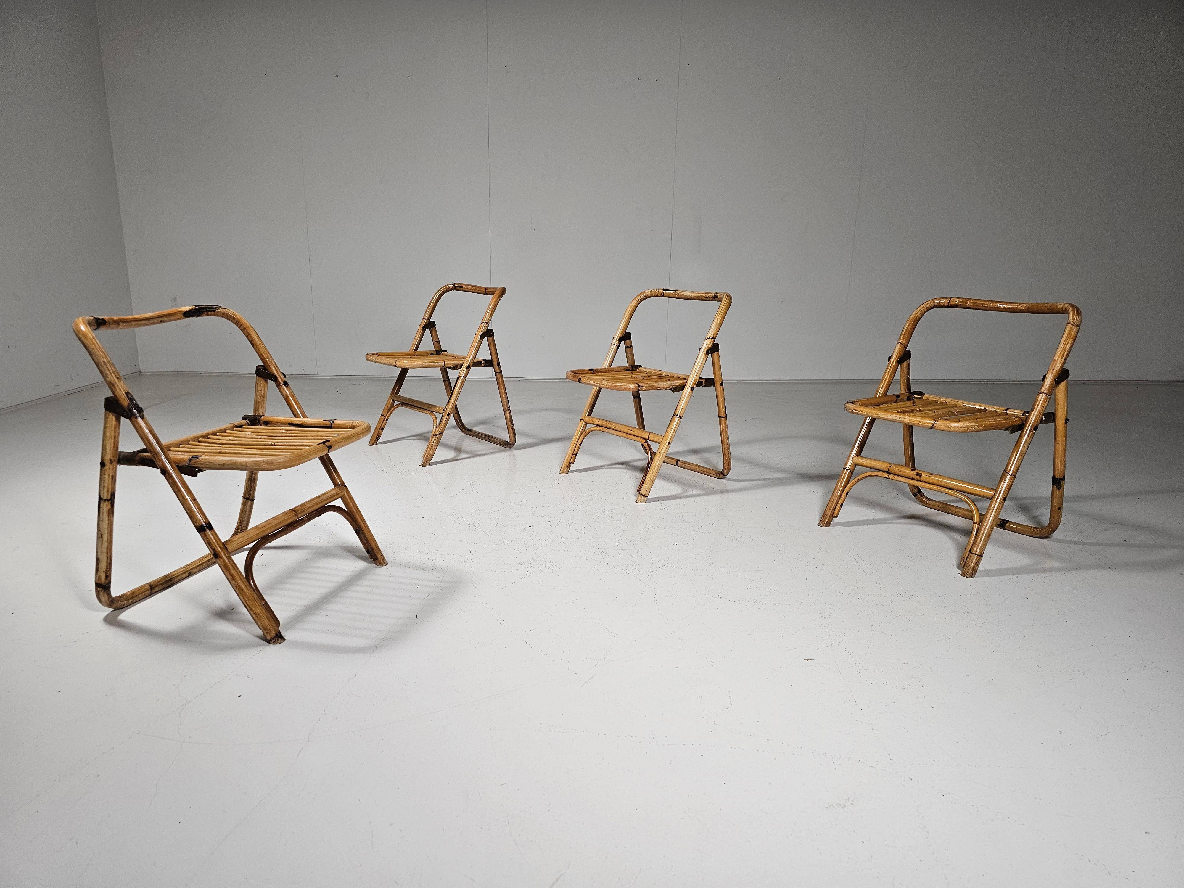 Set of 4 Dal Vera bamboo folding chairs, brass details, Italy, 1960s.
