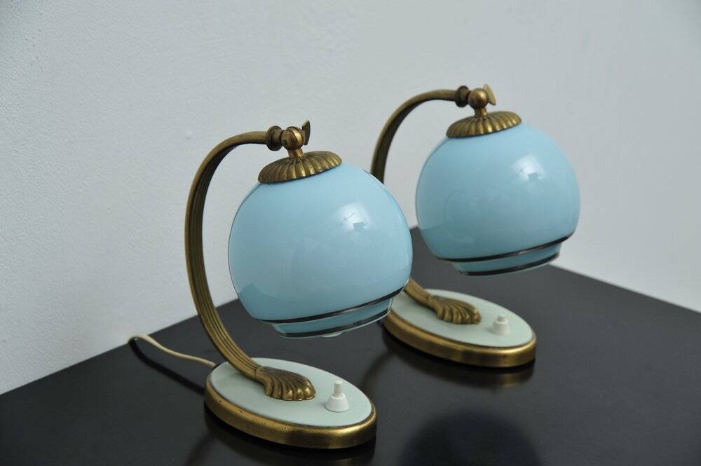 Set of 2x Bedside lamps with blue glass and bronze feet, 1930s