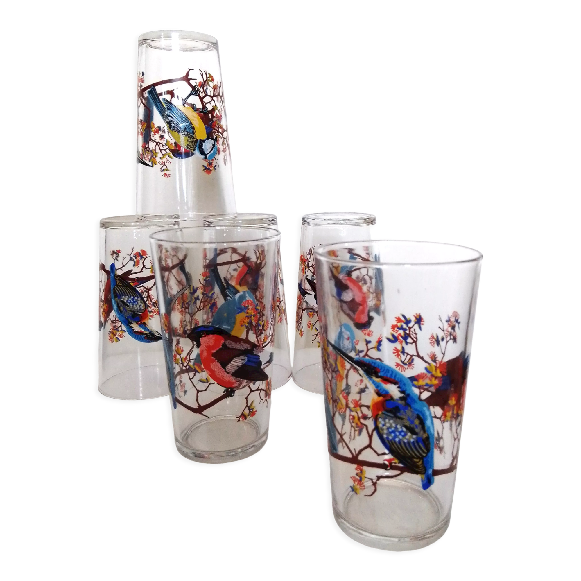 Set of 6 orangeade glasses seriographed "Birds"