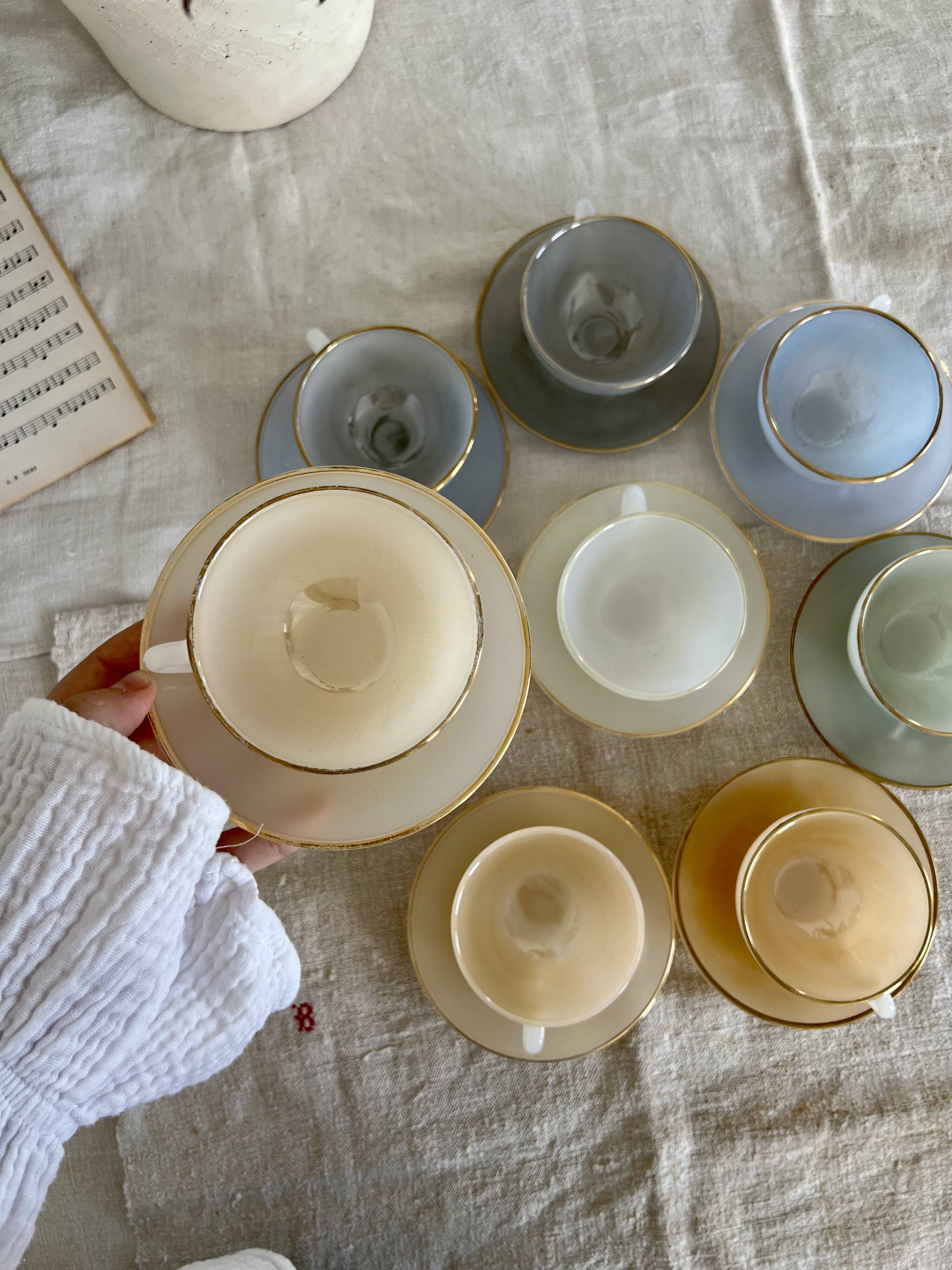8 vintage cups and saucers Arcopal Harlequin opaline pastel tones with gold edging