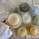 8 vintage cups and saucers Arcopal Harlequin opaline pastel tones with gold edging