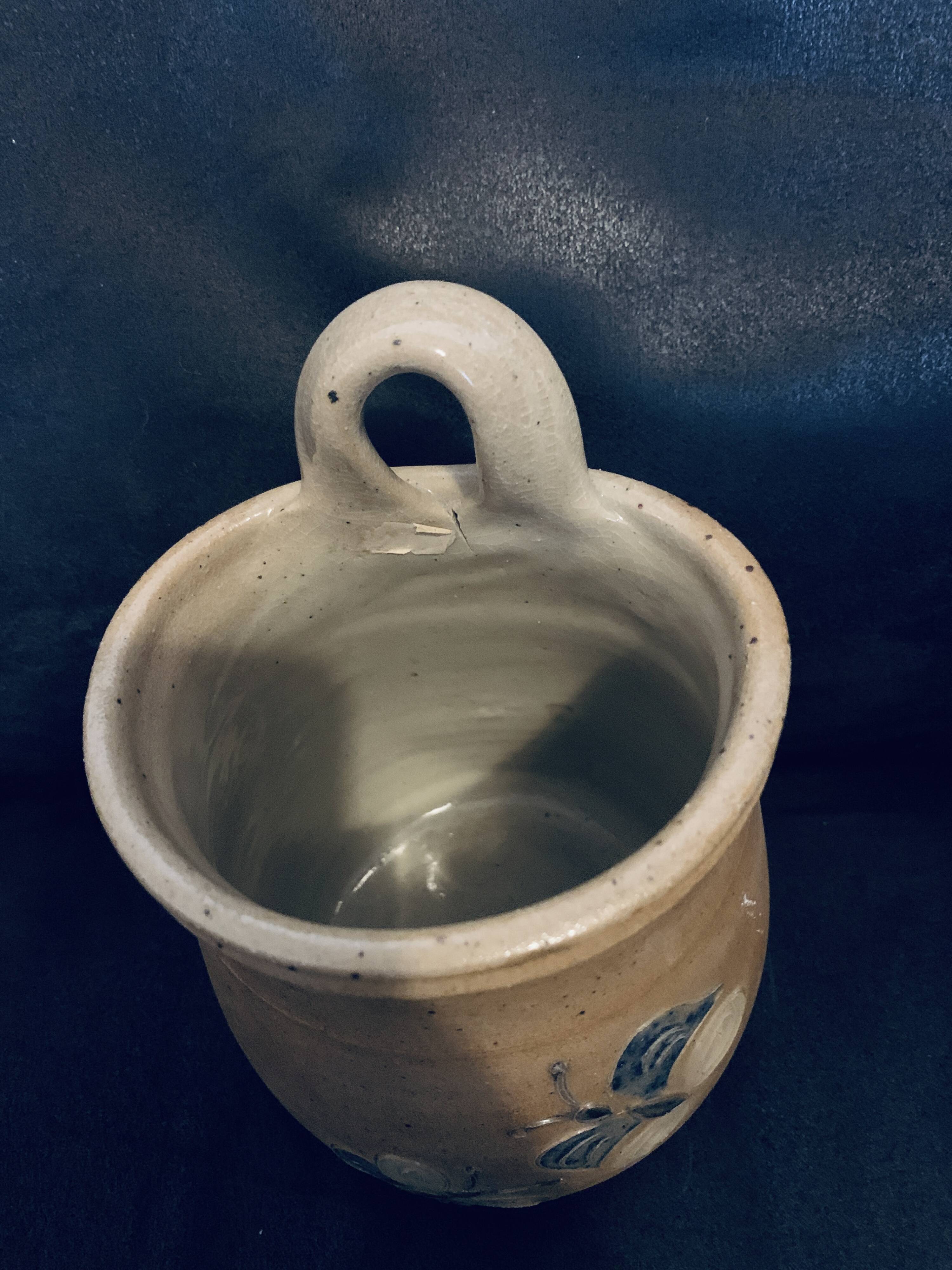 Handmade pot 14cm old vintage pottery flower decor wall hanging or to place on a beautiful piece of furniture