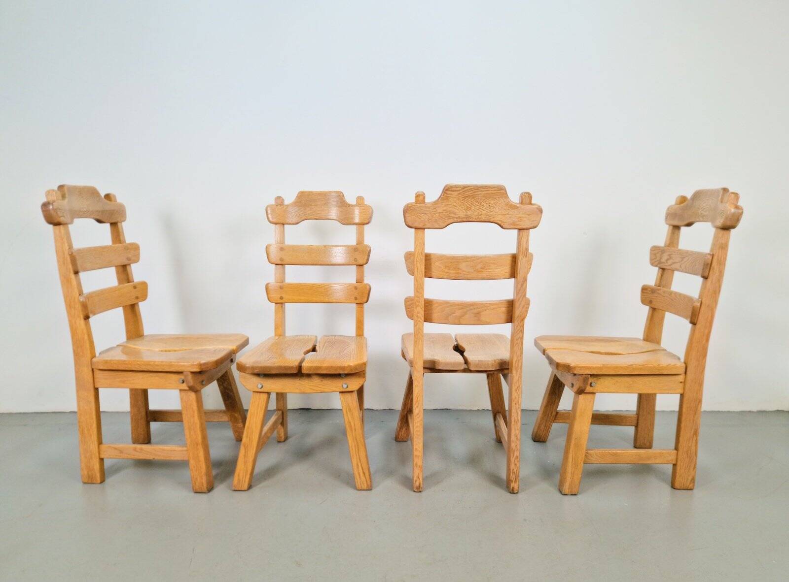 Dutch Brutalist Dining Chairs with Ladder Backrests in Oak, 1960s, Set of 4