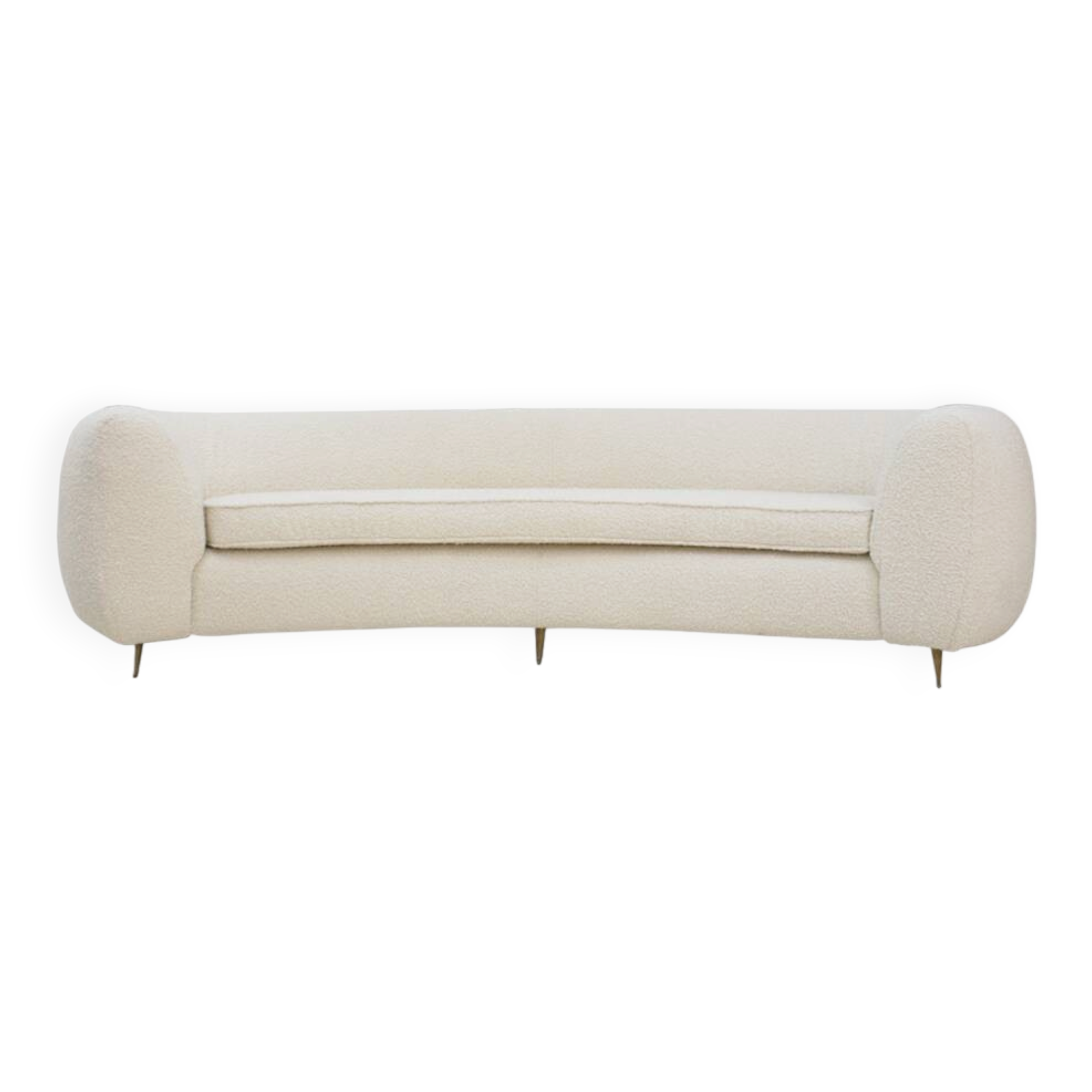 Curved Four-Seat Italian Sofa in White Bouclé Wool, Brass Legs
