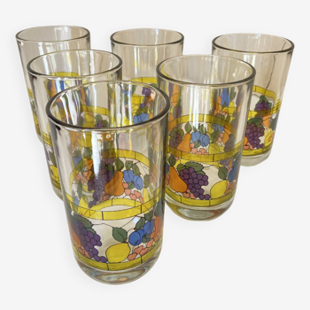 Set of 6 Vintage Fruit Juice Glasses - Fruit Pattern on Stained Glass - AVIR Italy