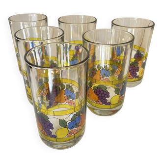 Set of 6 Vintage Fruit Juice Glasses - Fruit Pattern on Stained Glass - AVIR Italy